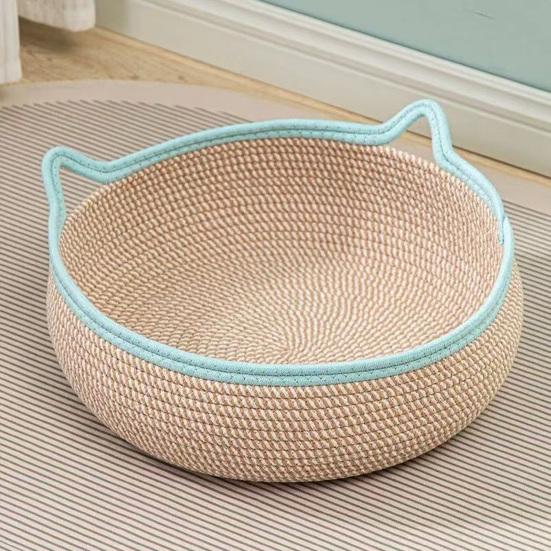 Cat Basket Bed with Cushion Cotton Rope Handwoven Pet Bed Breathable Cat Ear Pet Bed for Indoor Cats