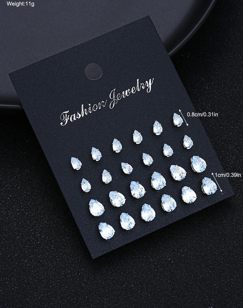 24 Pcs Shiny Zircon Stud Earrings Set for Women Daily Versatile Chic Silver Color Crystal Water Drop Ear Jewelry Accessories New