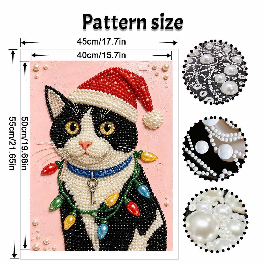 Santa Cat Frameless Pearl Painting Cute 3D Beaded Canvas Holiday Decor for Cozy Room Decoration and Adult Creative Handmade Craft