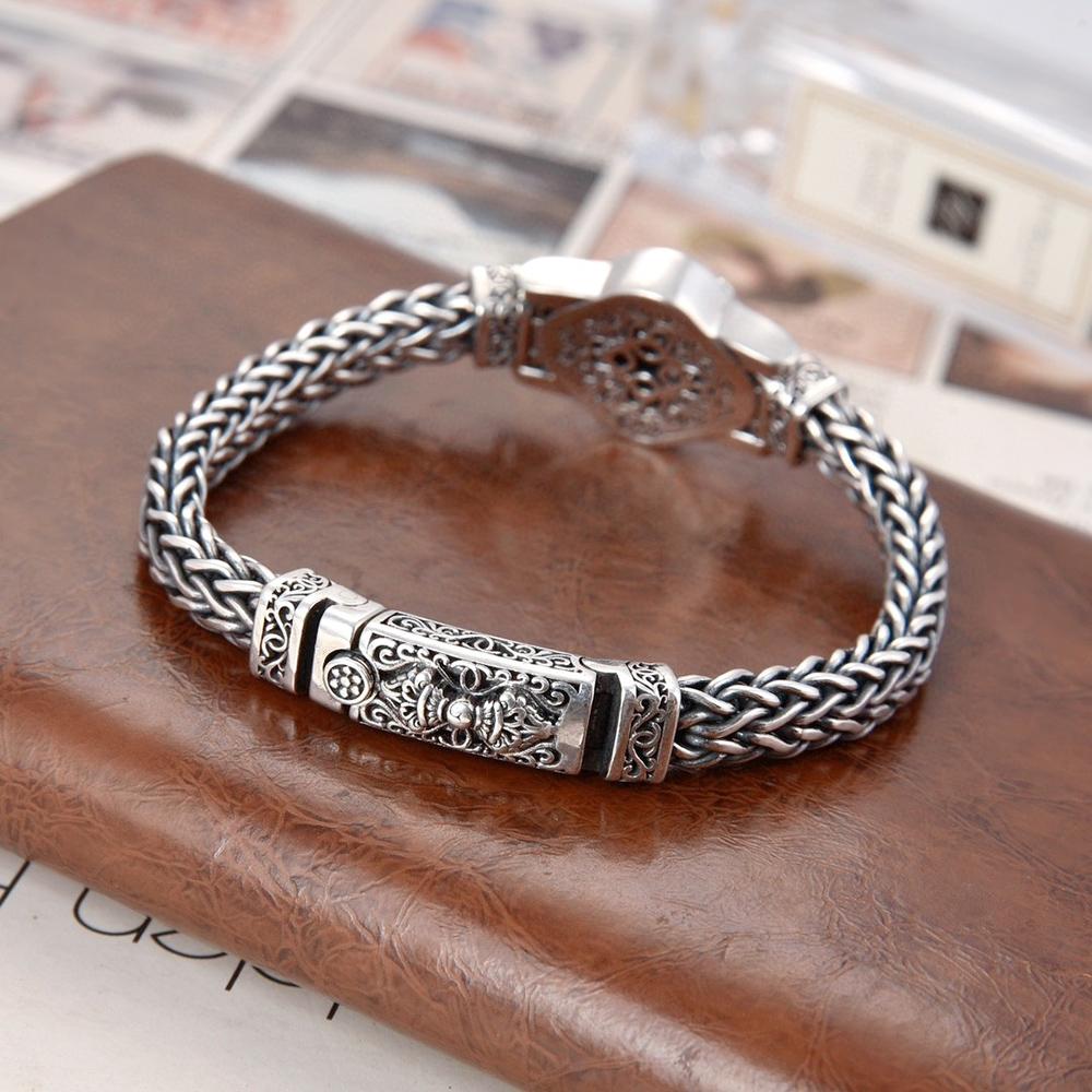 S925 Sterling Silver Hand Woven Bracelet for Men Vintage Lion Bracelet Hip-hop Punk Rock Bracelet Jewelry Gift