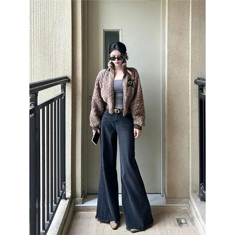 

Women s Wide-Leg Frayed Edge Jeans: Autumn/Winter Floor-Length, Slimming Straight-Leg Design XL черный серый