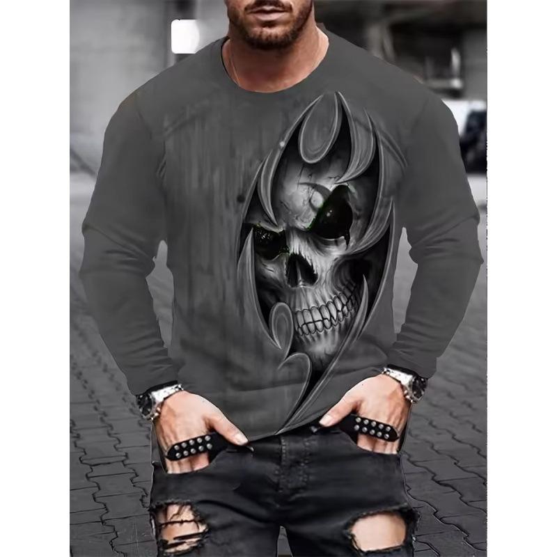 Autumn Round Neck 3D Skull Pattern Printed Top Fashionable Casual Long Sleeved Men's T-shirts