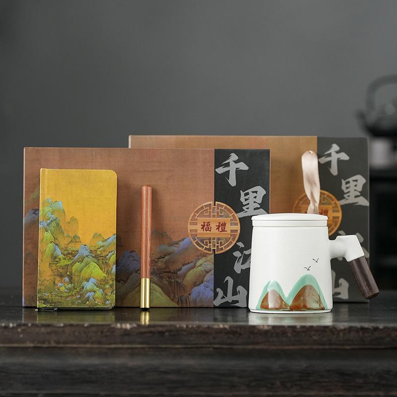 Guochao Merchandise Ceramic Office Cup Gift Box with Lid Mug Tea Separation Tea Cup Business Gift