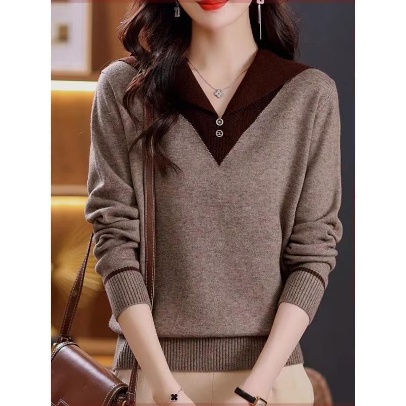 Autumn and winter new fashionable versatile age-reducing thin lapel with long-sleeved knitted pullover sweater for women