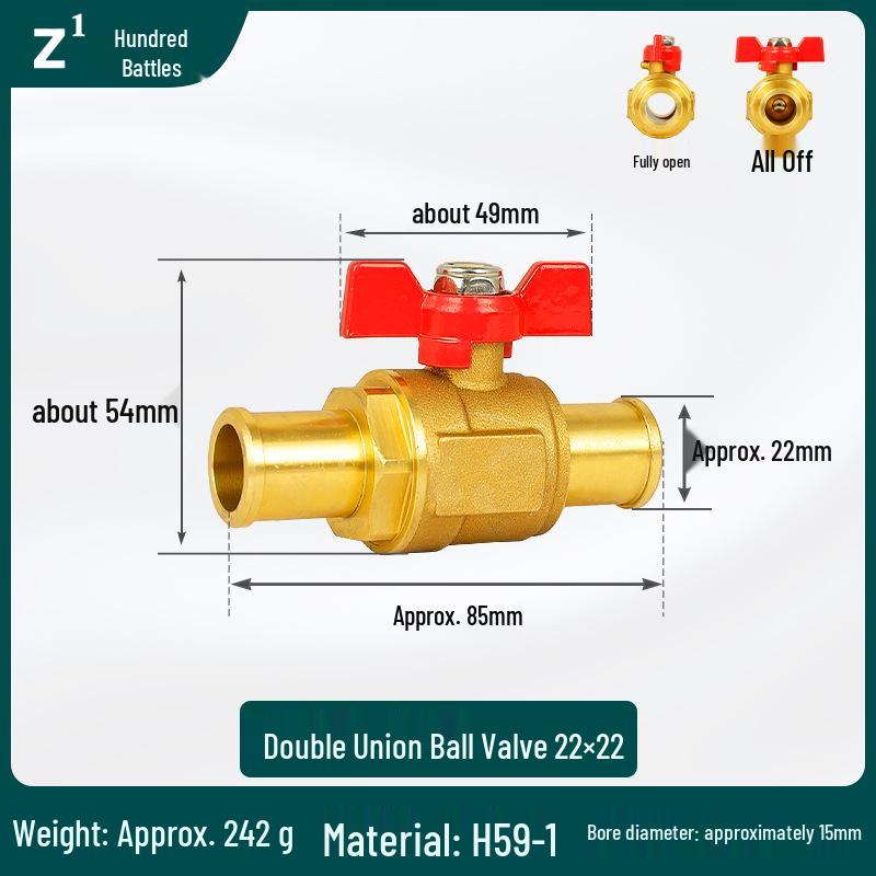 Brass Double Bell Head Rotary Handle Ball Valve 22/28mm for Water, Oil, Gas with Switch and Straight-Through Valve Accessories.