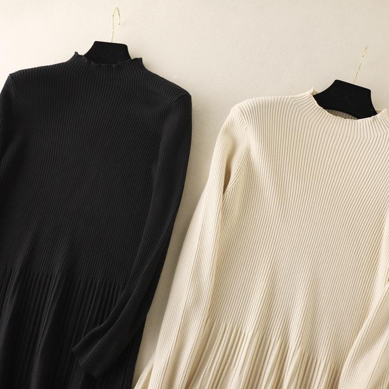 Dámské jednobarevné plisované úplety s dlouhým rukávem do O Neck Podzim Zimní ležérní svetrové šaty