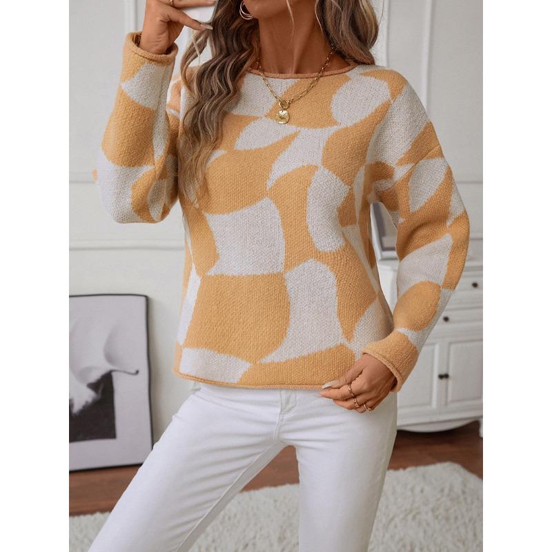 Women S Crew Neck Pullover Knit Sweater Geometric Pattern Basic Wear