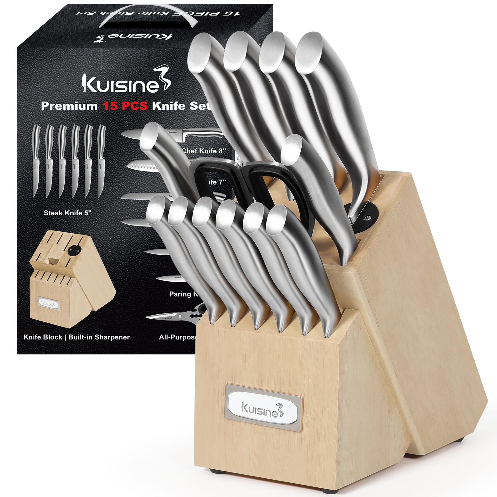 Kuisine 15-Piece Natural Wood Block Stainless Steel Kitchen Knife Set Professional Chef Knife Set With Built-In Sharpener Holder