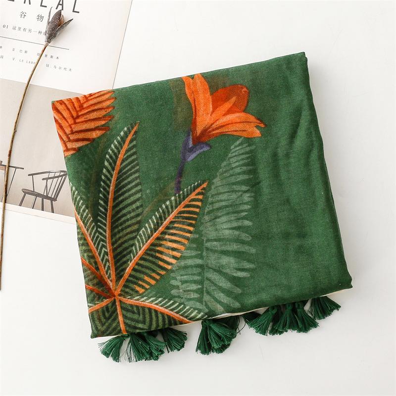 Ladies Scarf Thin Silk Scarf Spring Summer Tropical Plants Flowers Bugs Birds Bali Yarn Women Tassel Shawl
