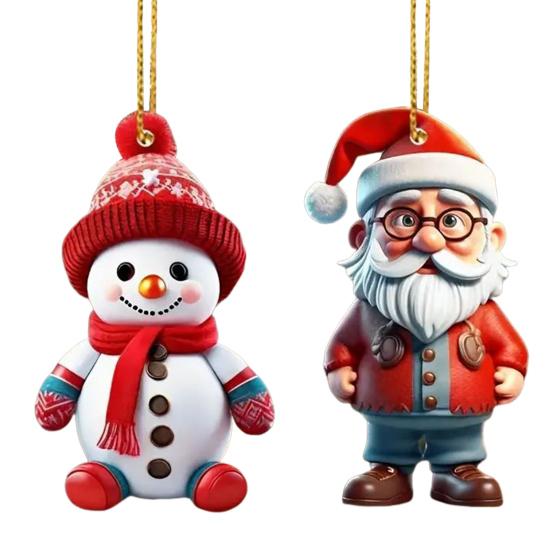 2 Pcs Christmas Ornaments Cartoon Snowman Santa Claus Acrylic Pendant Xmas Tree Hanging Decoration for Holiday Party Decor Car Accessories