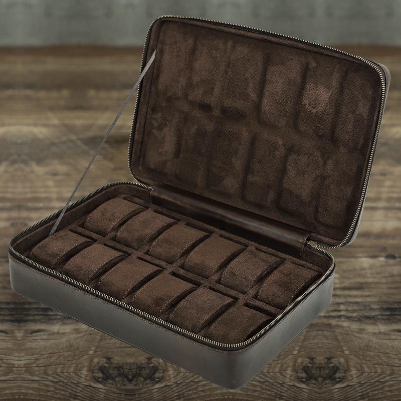 Handmade Crazy Horse Leather 12-Slot Watch Storage Box