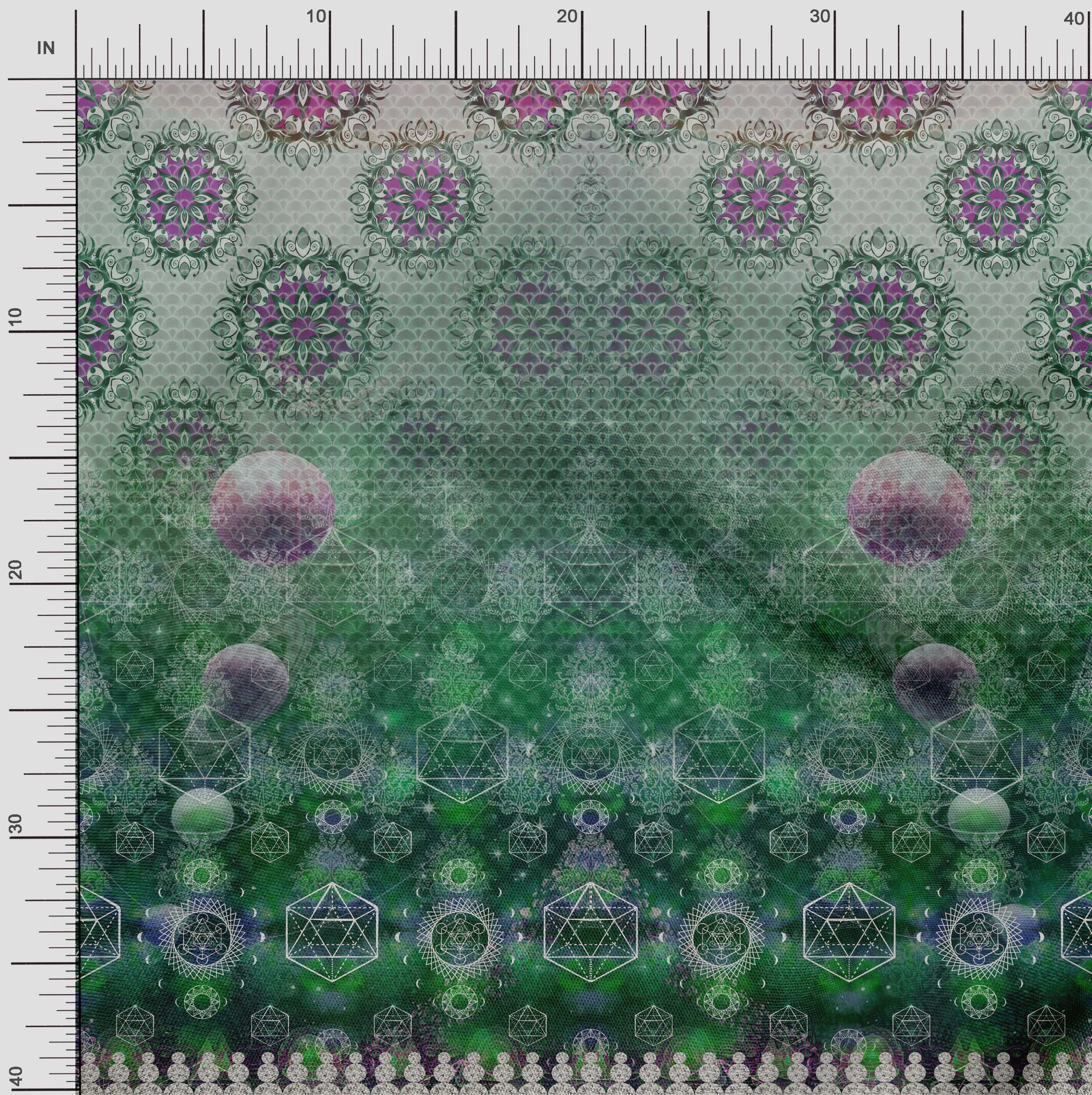 

Тканина Soimoi Japan Crepe Satin Тканина з принтом із наляканою геометрією та місячними панелями 1 метр 42 дюйма 42 Inch Wide - Poly Crepe зелений