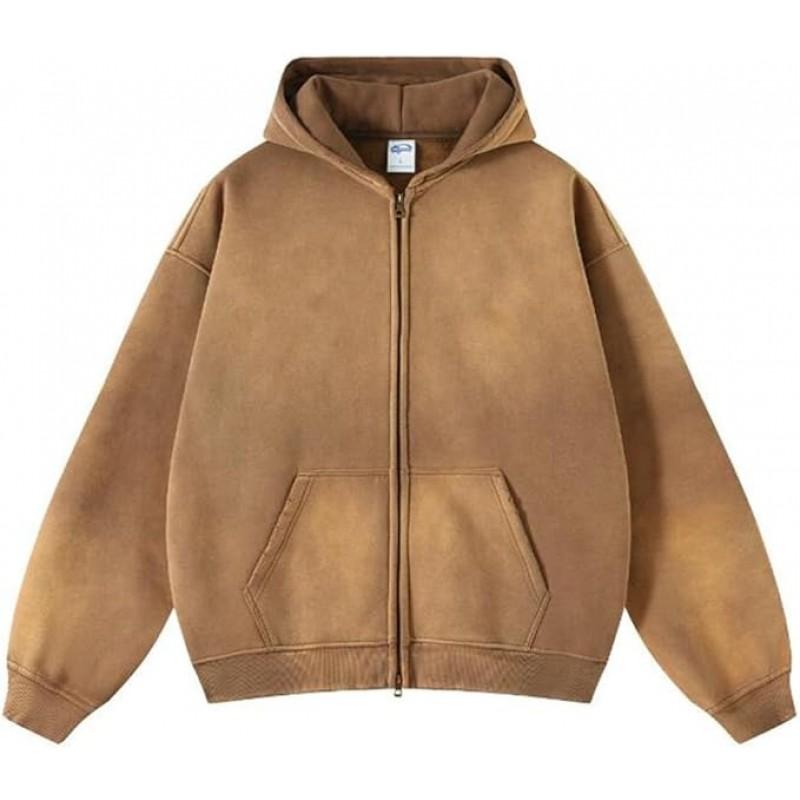 Mens Oversized Hooded Sweatshirt With Distressed Wash Print Heavyweight 400g Cotton Blend Zipper Front Casual Streetwear