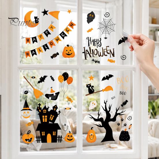 Holiday Glass Decoration Stickers 4 Sheets Halloween Electrostatic Stickers, Cartoon Pumpkins Castle Bats Window Easy Remove Clings PVC Waterproof
