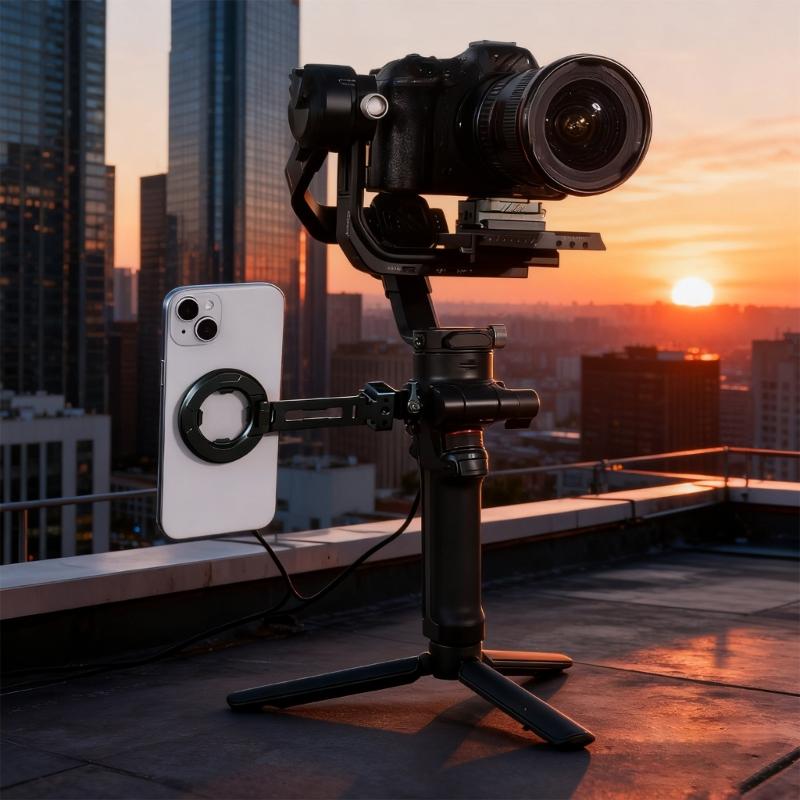 Collapsible Metal Phone Holder Featuring Magnetic Locking System Double Orientation Shoots Cold Shoe Expansion Interface