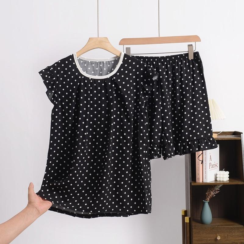 Women's Summer New Sweet Fly Side Cotton Short-sleeved Shorts Suit Large Size Loose Leisure Rayon Home Wear Pajamas