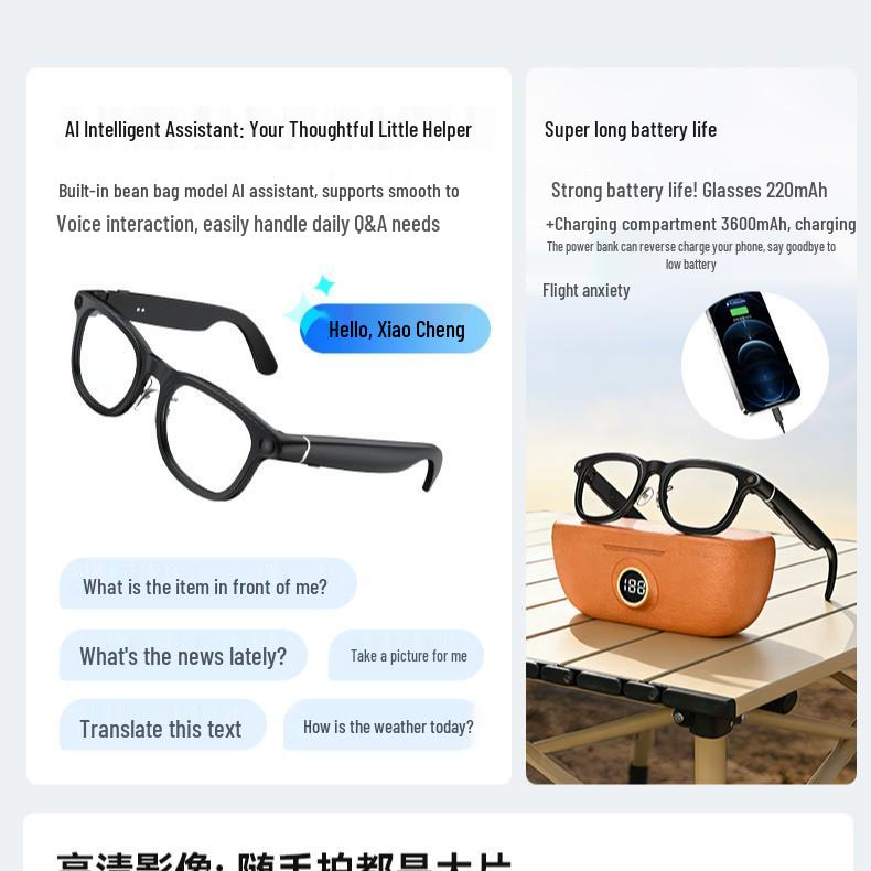 X01 800W Reverse Charging Case with Smart Glasses: Power Display, AI Assistant, Object Recognition, Translation, and Recording.