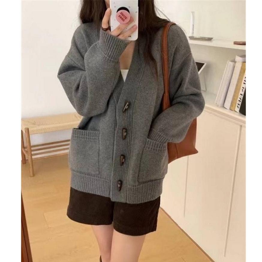 

Осень 2025 Женский свитер Вязаный Базовый Модный Кардиган Длинный рукав Свободный Розовый Повседневное Пальто One size