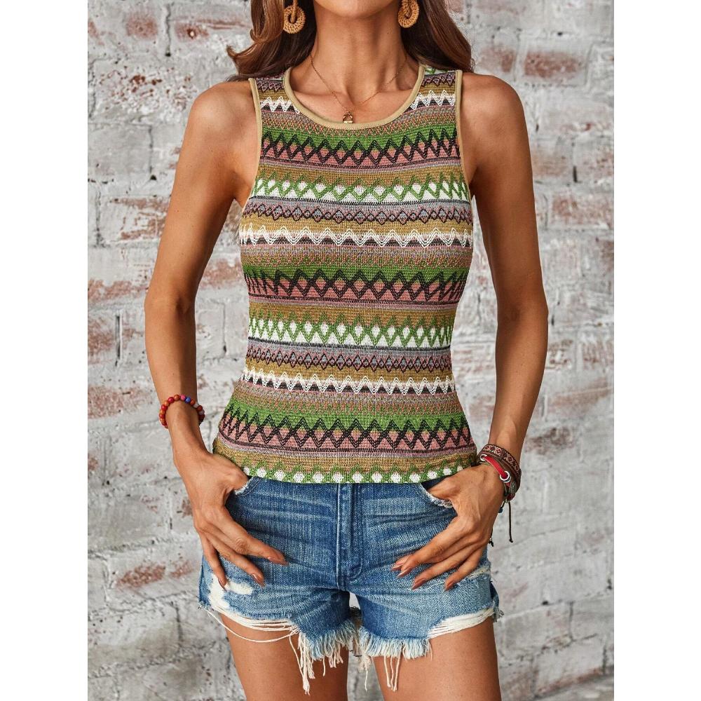 Women's 3D Striped Printed Sleeveless T-shirt, Round Neck Off Shoulder Casual Elegant Vest, Y2K Sleeveless T-shirt, Women's Clothing