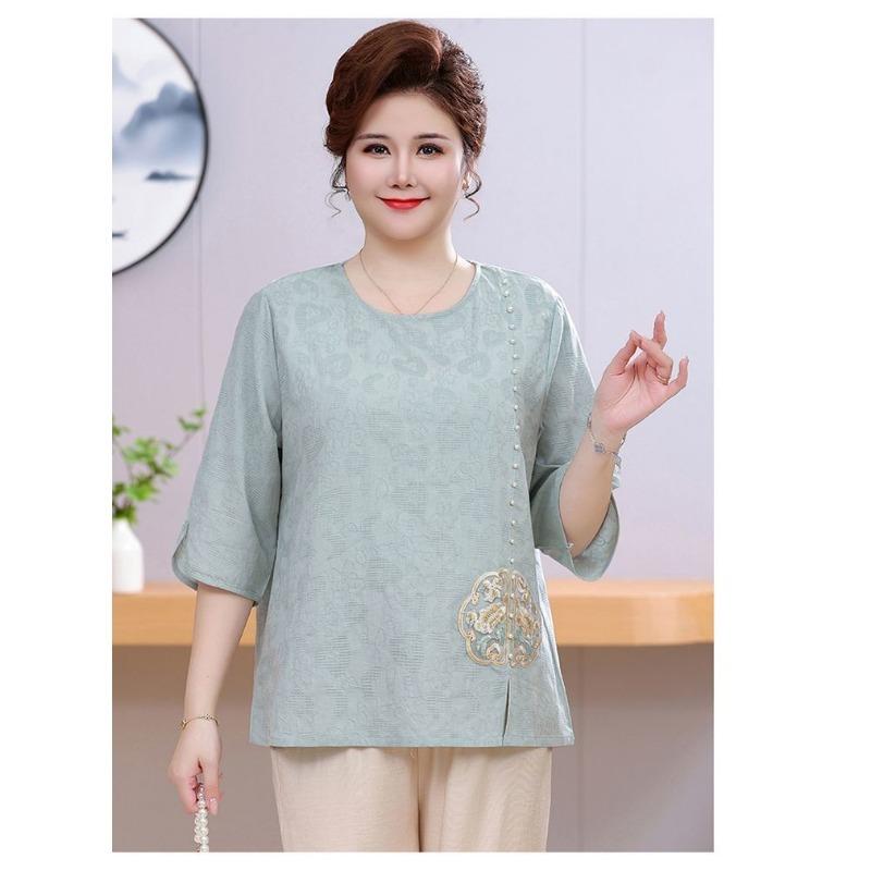 Summer Dress with Three-quarter Sleeves Plus Fat for Middle-aged and Elderly People New Chinese Style National Style Embroidery