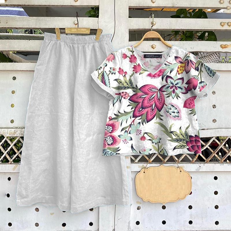 

ZANZEA Женские винтажные топы, брюки с короткими рукавами, эластичным поясом и принтом в виде V-образного выреза, комплекты из двух предметов L белый