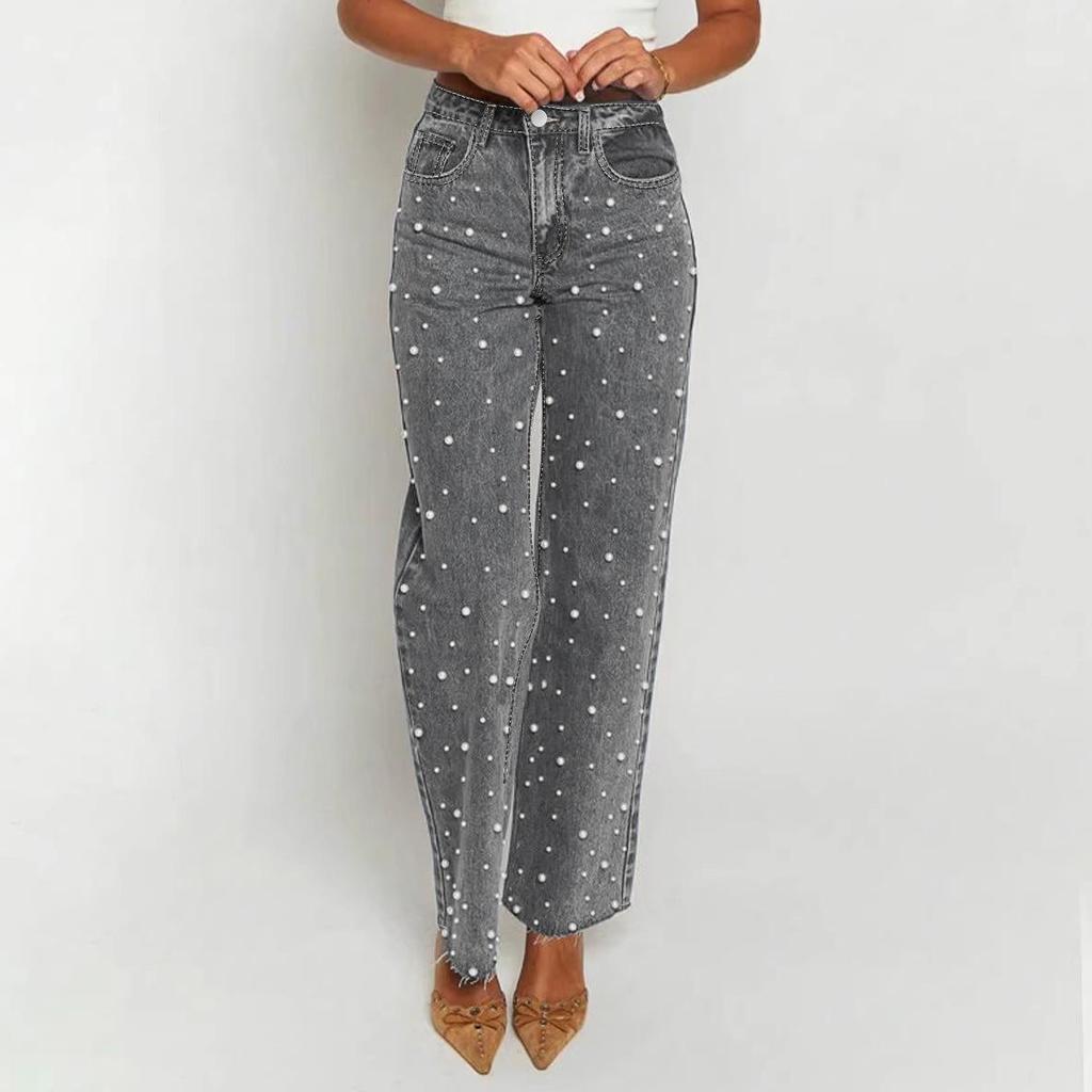 European & American Beaded Frayed Wide-Leg Cowboy Pants