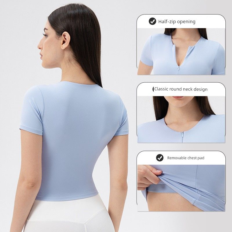 Foreign Trade Belt Chest Pad Yoga Clothes Short Sleeve Front Zipper Tight Fitness Top Nude Feel High Elastic Sports Running T-shirt Women