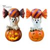 Spooky Holiday Decoration Halloween Ghost Figurine, Cute Sitting on Pumpkin Holding Candy Dark Sweet Room Decor Statue, Resin Table Ornament