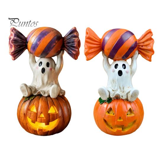 Spooky Holiday Decoration Halloween Ghost Figurine, Cute Sitting on Pumpkin Holding Candy Dark Sweet Room Decor Statue, Resin Table Ornament