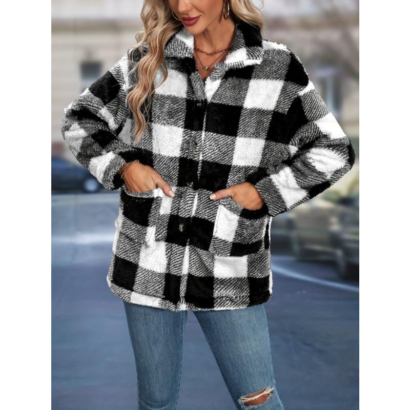 Ladies Temperament Plaid Tweed Jacket Autumn and Winter Loose Long-sleeved Thickened Cardigan Tops