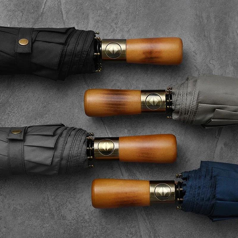 Automatic Umbrella Rain Women Men 105cm Double Layer Windproof Umbrella Wood Handle 10 Ribs Golf Umbrellas Paraguas