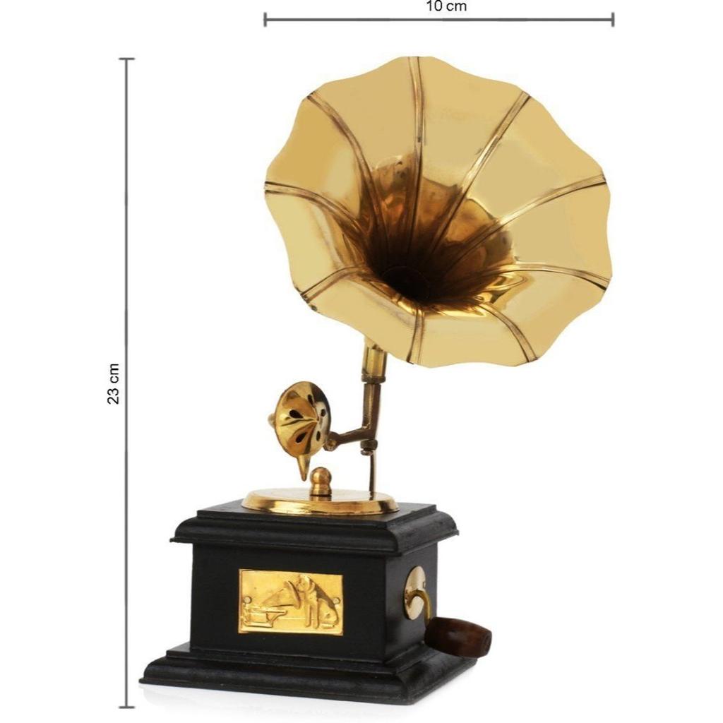 Brass Vintage Gramophone Showpiece for Home and Living Room, 17 cm, Gold, 1 Piece