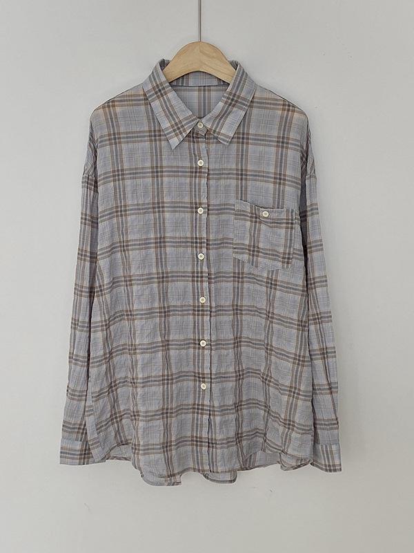 Korean Style Plaid Lapel Shirt: Trendy Loose Fit, Meat-Covering, Long-Sleeve Top for Women.