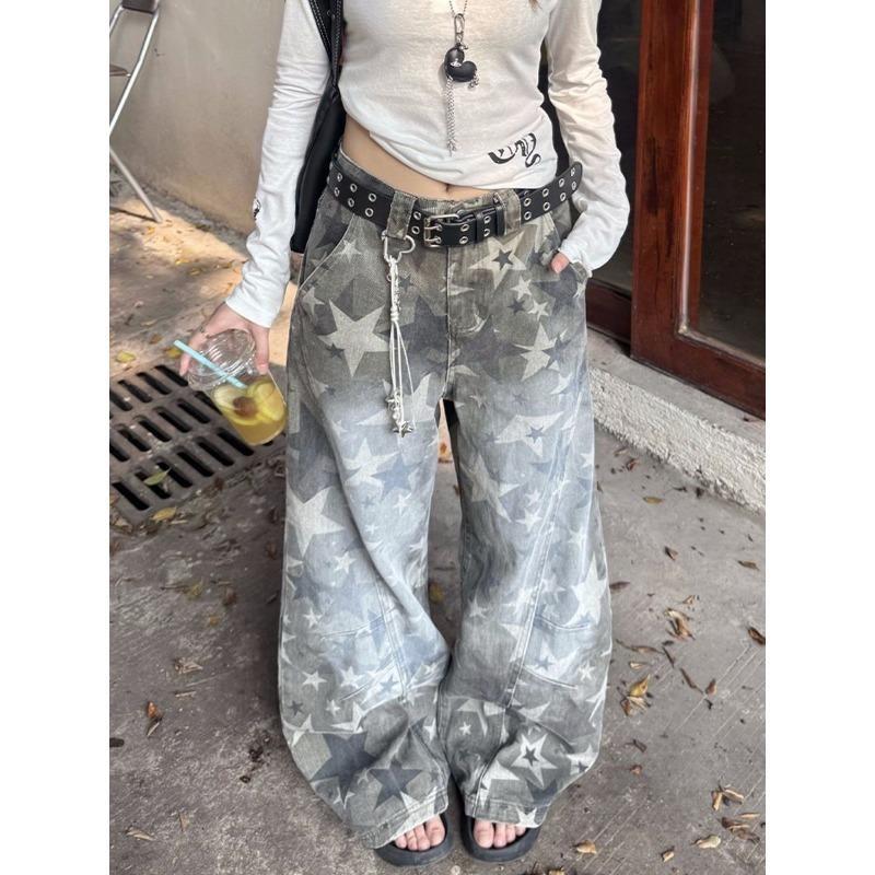 Jeans Rotos Lavados Retro con Estrellas para Mujer Street Sueltos Casual de Pierna Ancha Pantalones Scimitar