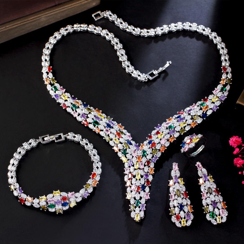 Zircon Popular Jewelry Jewelry Four-Piece Necklace Earrings Bracelet Ring Set