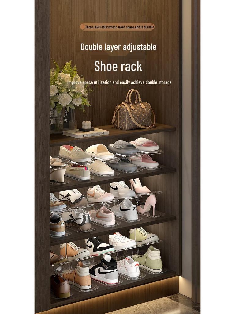 Mid-Century Adjustable Double-Layer Transparent Shoe Rack Organizer