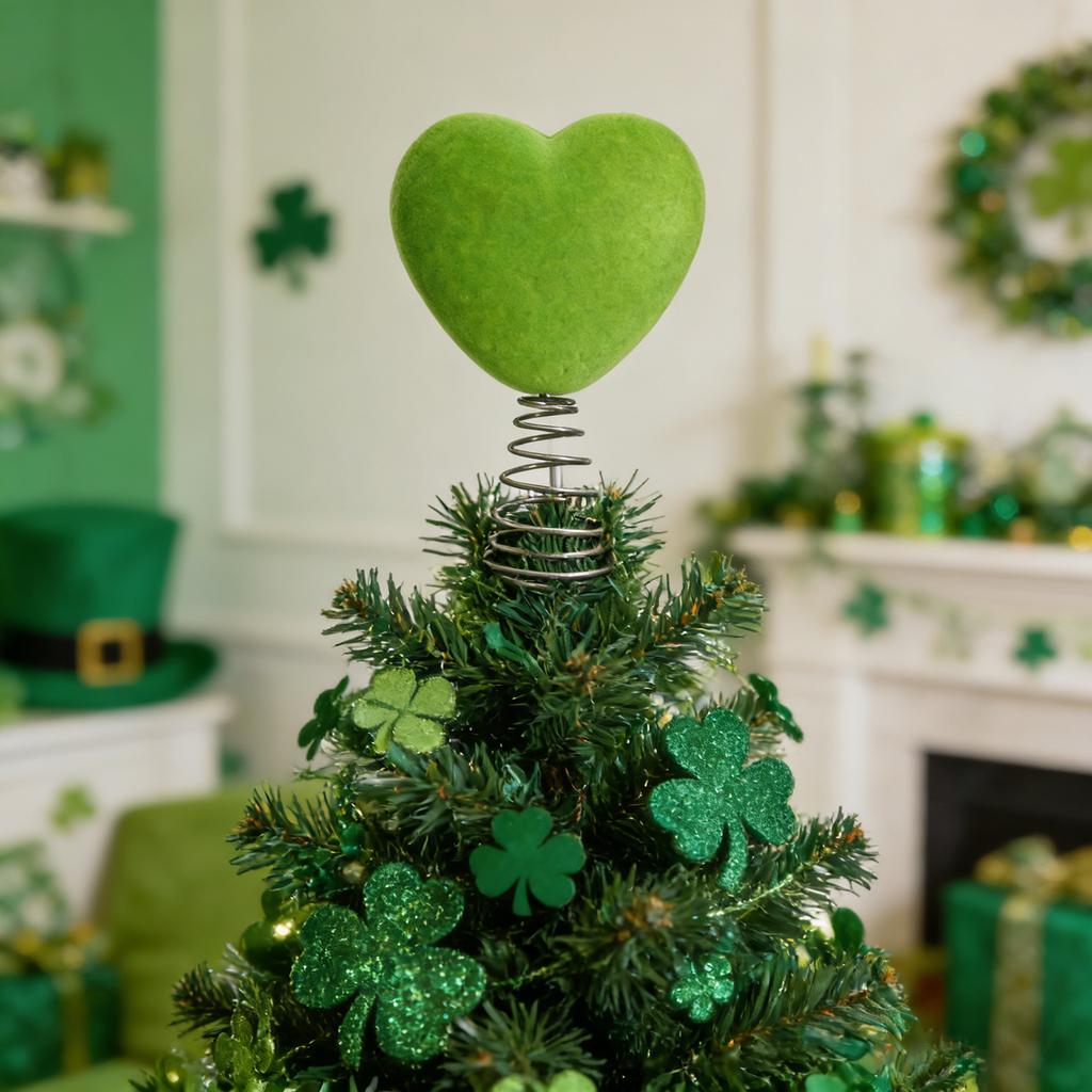 Creative Fluorescent Green Flocked Heart Shaped Tree Top Decoration, Irish Holiday-themed Ornament.