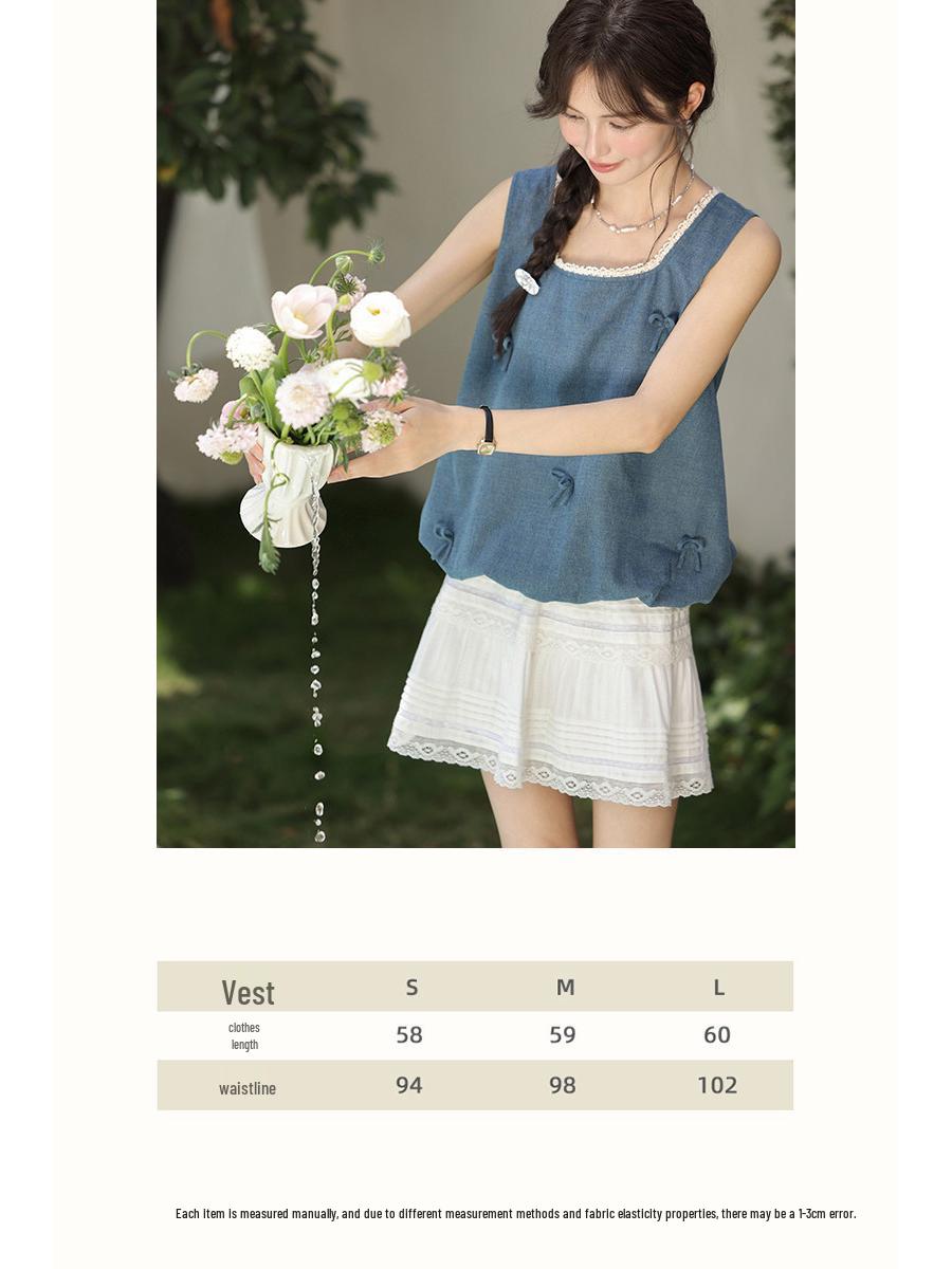 Deer to the South  Blues Poet  3D Bow Blue Denim Sleeveless Camisole for Women L