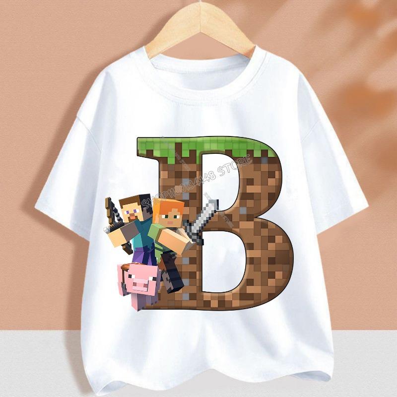 Hot Pixel Game T-shirt Children A-Z Letter White Clothes Cartoon Round Collar Clothing New Kids Short Sleeve Summer Tee Top Gift