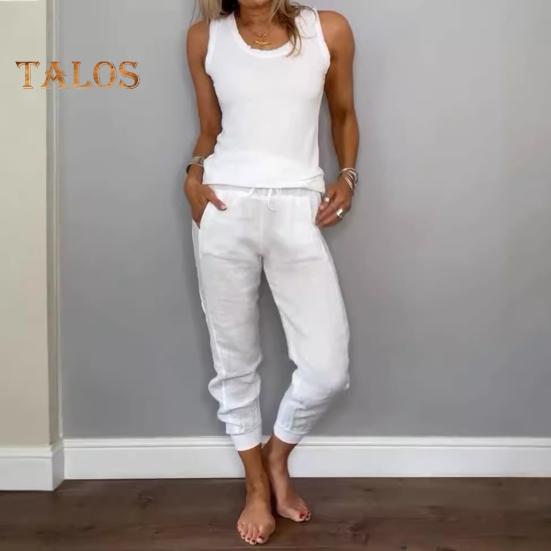 2 Teile/satz Frauen Weste Hosen Set Ärmelloses U-Ausschnitt Top Einfarbig Elastische Taille Retro Neunte Hose Pendeln Urlaub Outfit