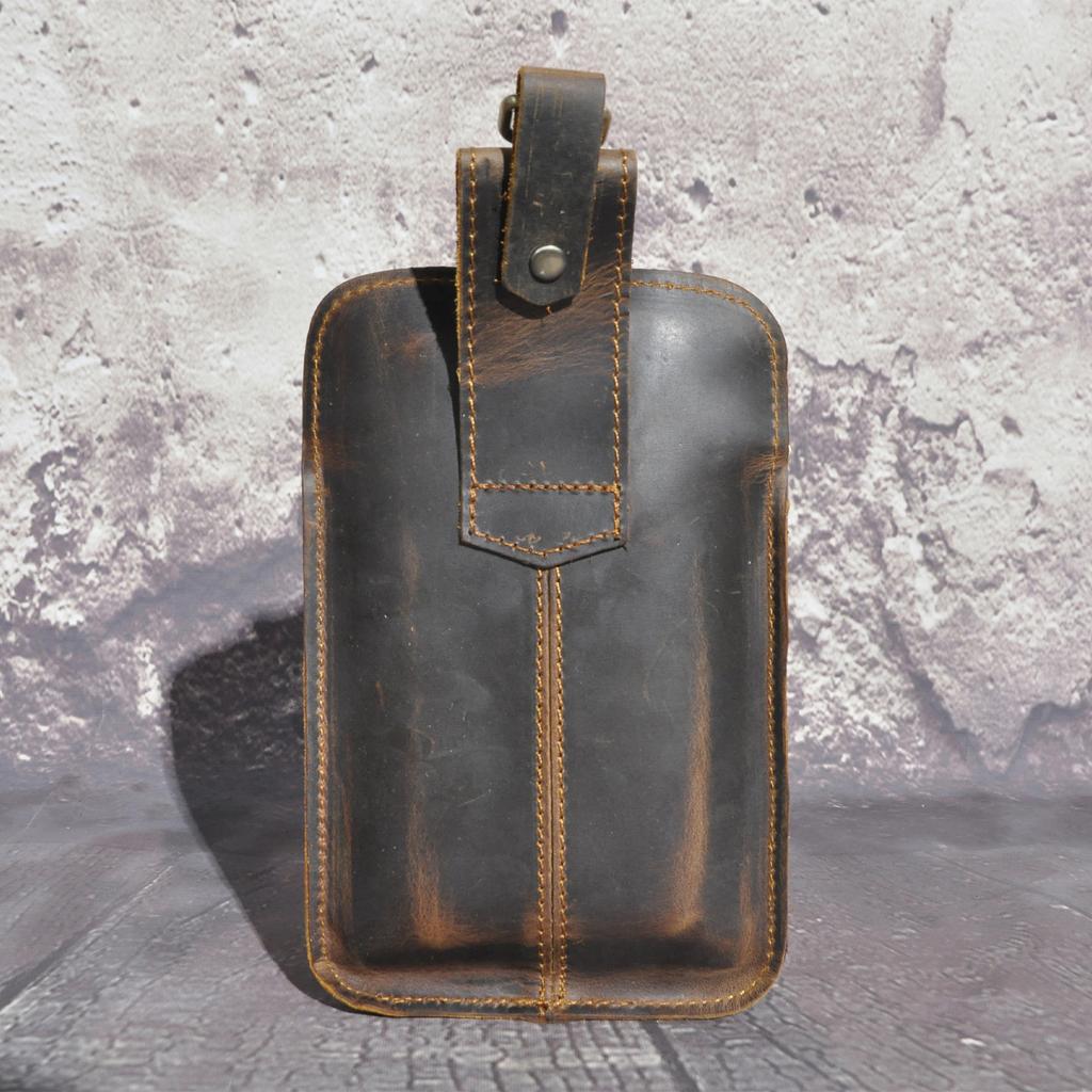 Men Top Layer Crazy Horse Leather Small Waist Bag With Hook 6 Inch Outdoor Phone Storage Pouch belt bag