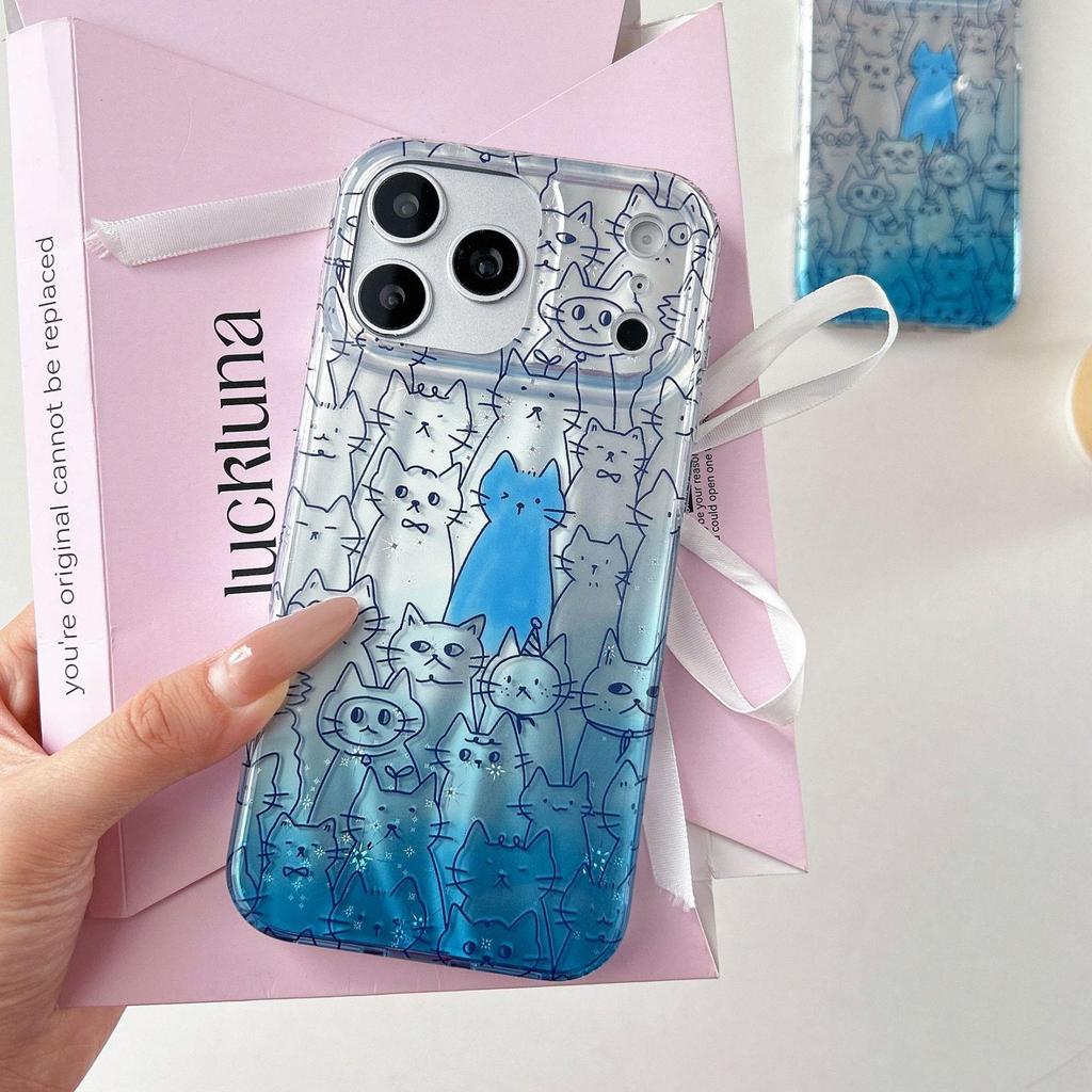 Blue Cat Design Phone Case for iPhone 16/17 Pro Max (Laser IMD 15/14)