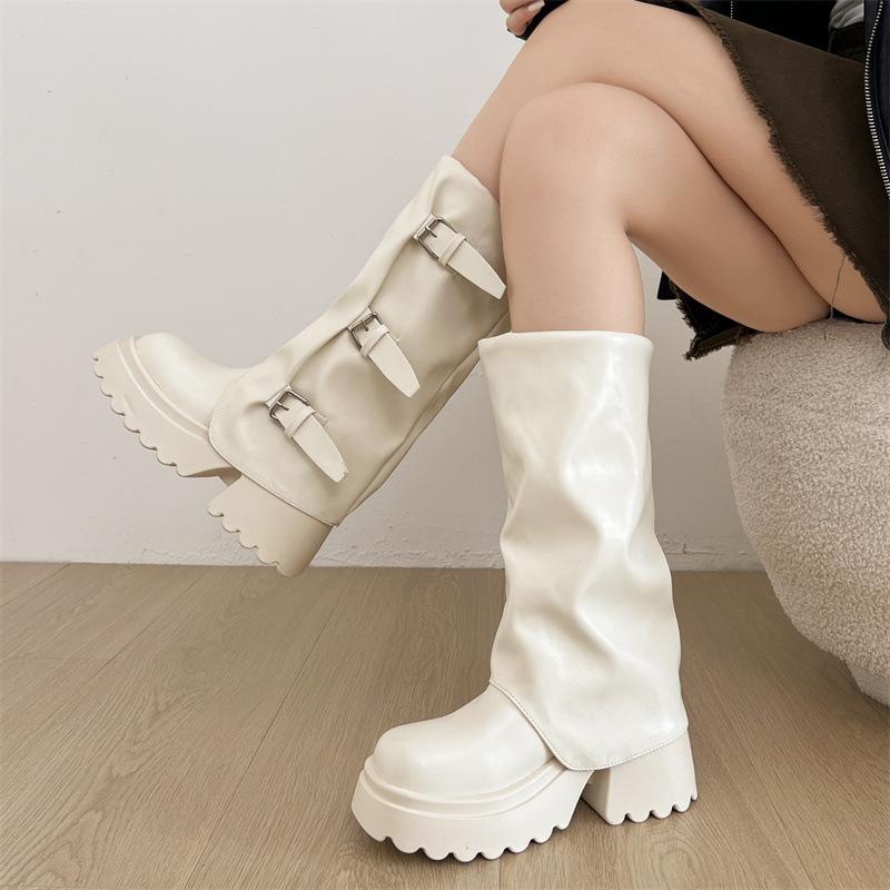 Off-white fashion popular thin medium and long boots women's shoes 2025 new autumn small thin thick heel Martin boots