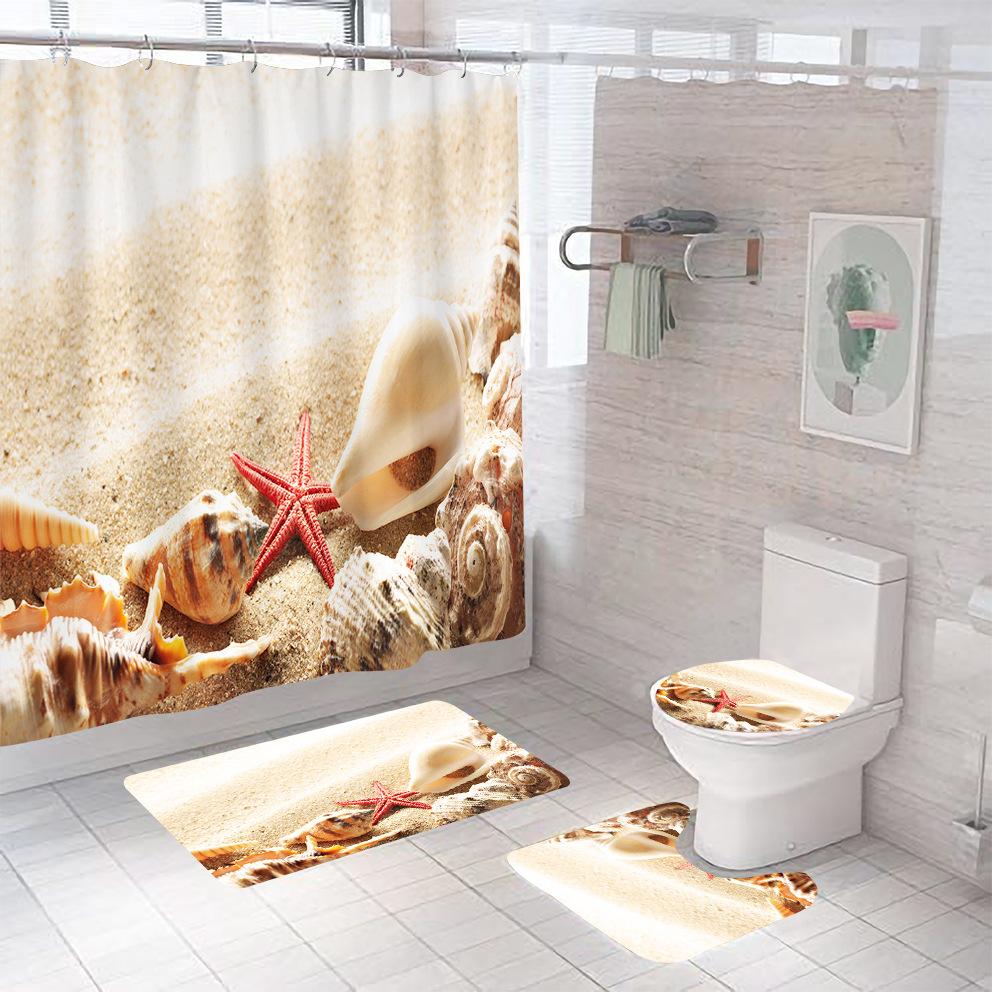 Bathroom Shower Curtain Four-piece Digital Printing Beach Shell Waterproof Shower Curtain Shower Curtain Partition Curtain Bath Mat
