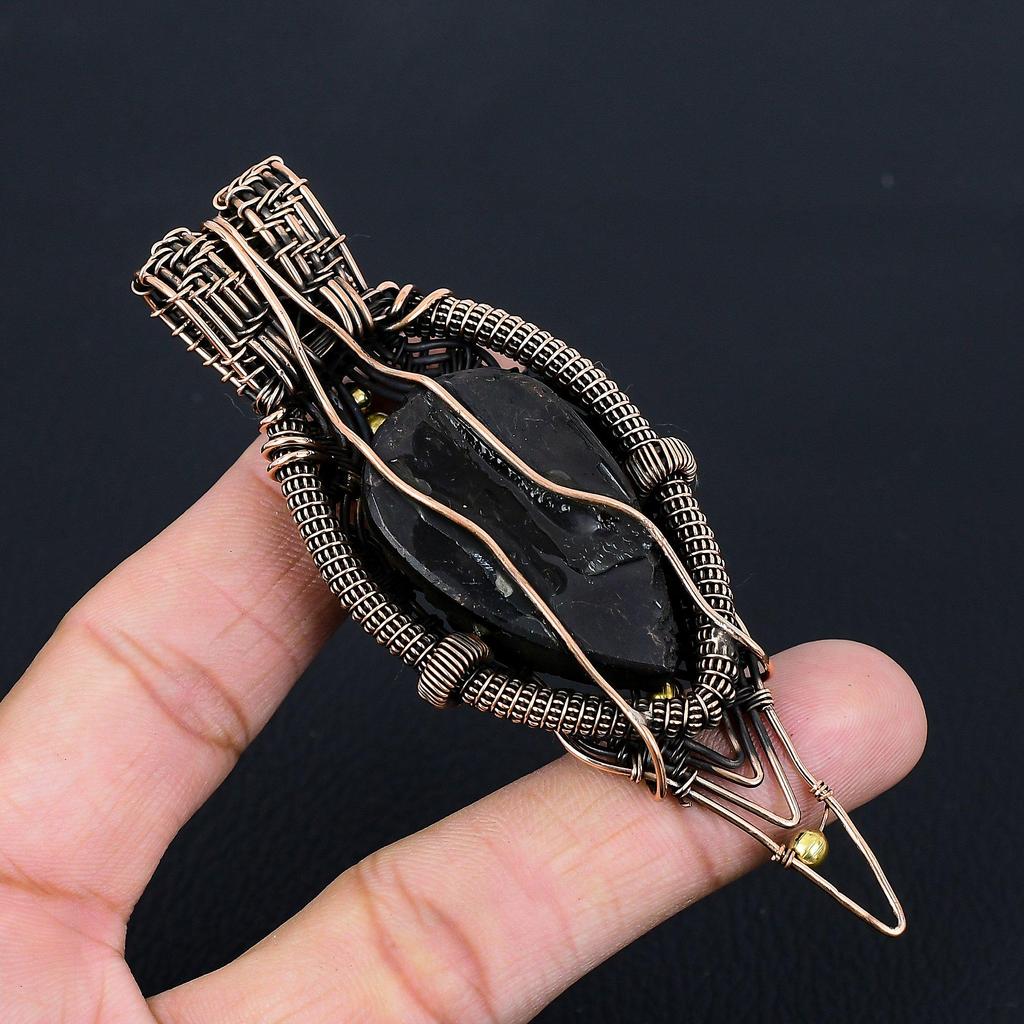 Black Tourmaline Gemstone Pure Copper Wire Wrapped Handmade Pendant Jewelry Gift