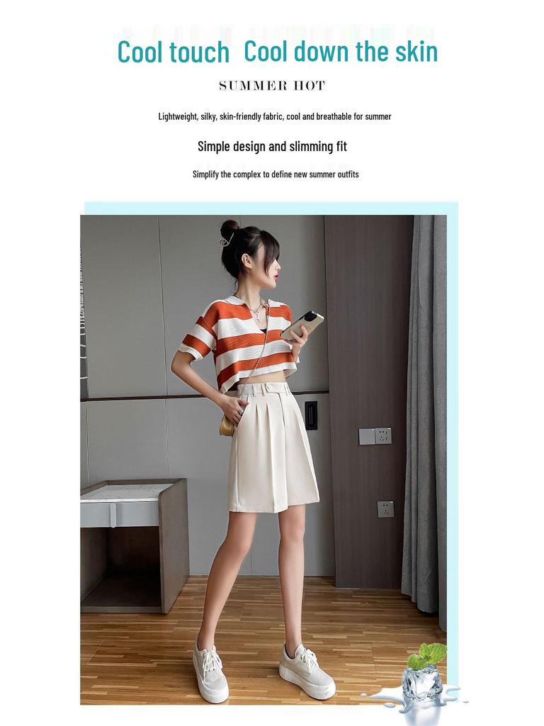 Women's High-Waist Black Bermuda Shorts: Summer, Loose, Straight-Leg, Slimming A-Line, Hong Kong Style.