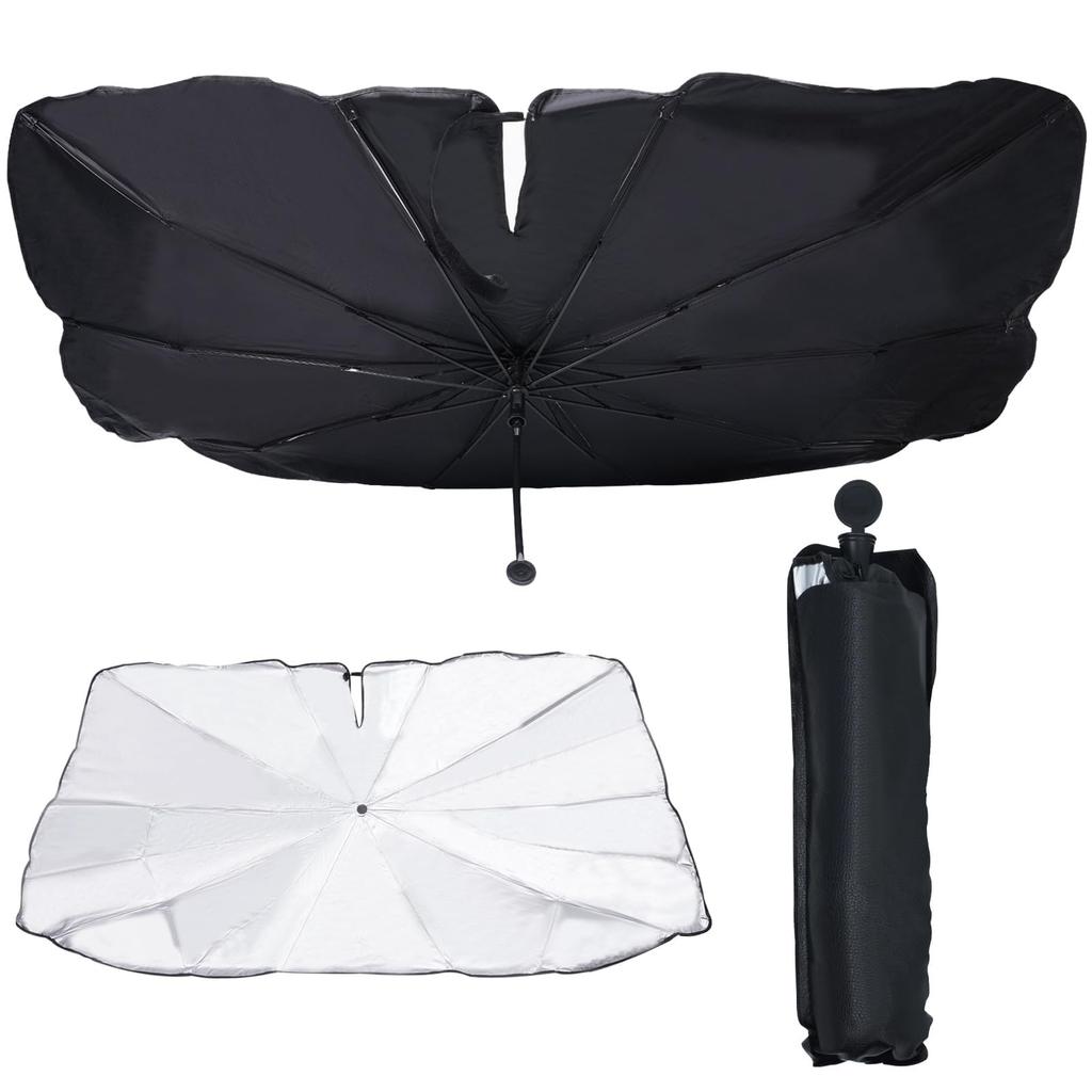 Car Front Sunshade Improved Flexible Center Rod and Ten Reinforced Fiber Umbrella Car Sunshade with Rearview Mirror Opening Light Heat UV Bendable Rib