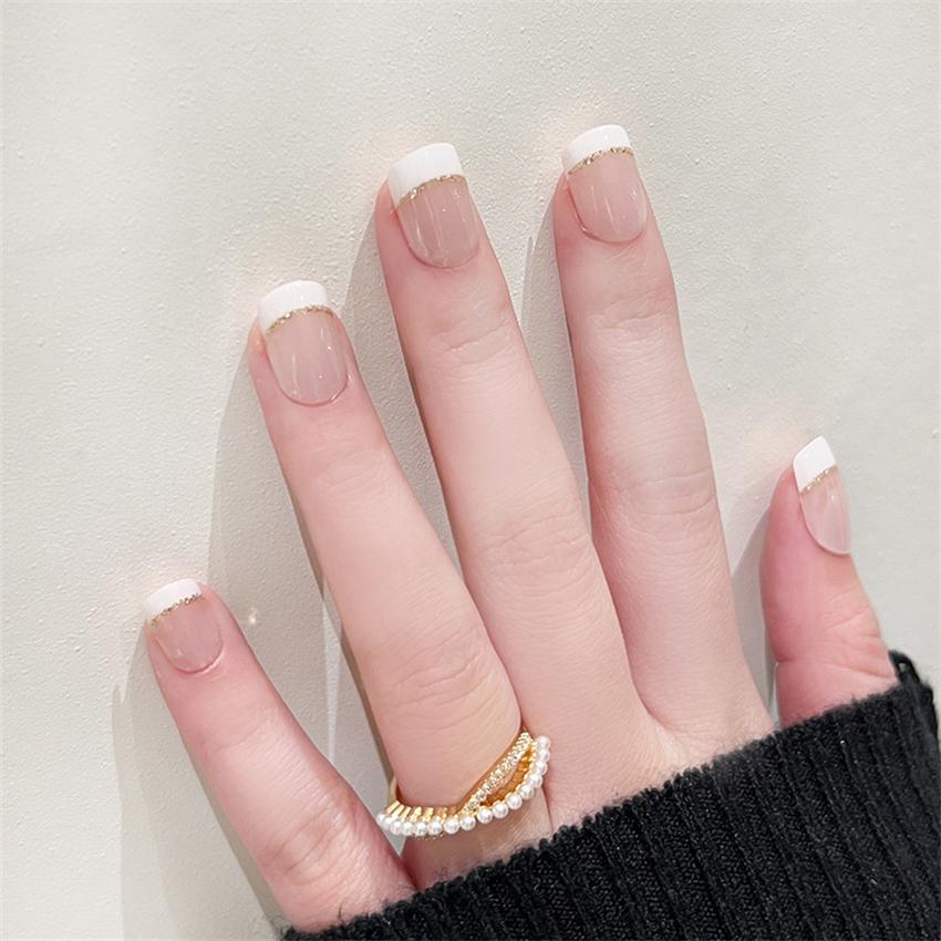 24Pcs Pink Sweet Short Fake Nails Pure White French Acrylic Press On False Nails Removable Nail Art Tips