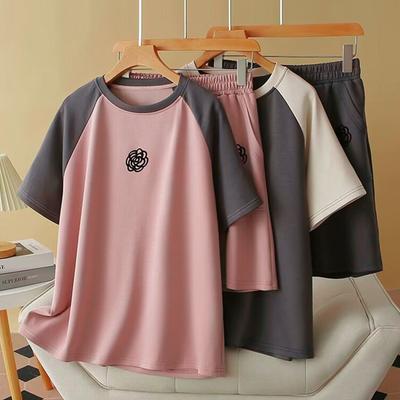 Summer Korean Harajuku Short-sleeve T Shirt and Shorts Y2k Running Two-piece Set Young Girl Large Size Color Block Casual Loose Sports Suits for Women
