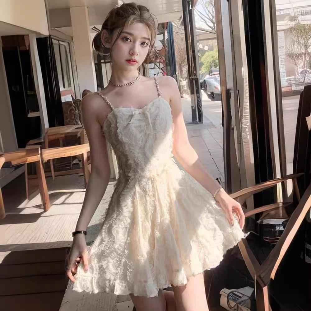 Summer New Elegant High-end Sense Diamond Chain Feather Sling Dress Women's Waisted Slimming Long Skirt